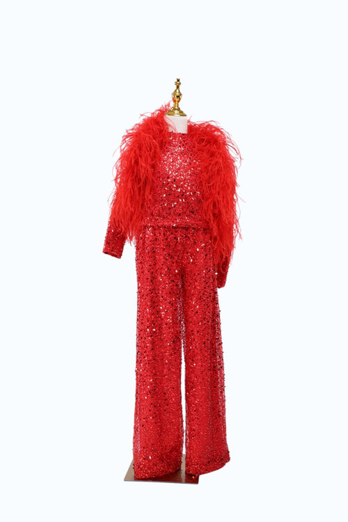 "Flamme" Girl Outfit - Daughter's Dresses - ANEVAN-red sequin girl trousers outfit feather detail flamme